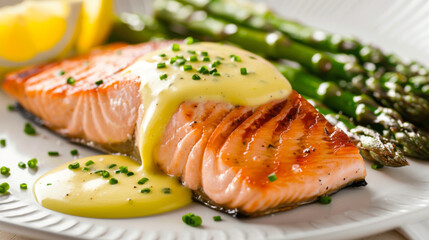 Wall Mural - Grilled salmon served with creamy hollandaise sauce and fresh asparagus on a white plate, a delectable gourmet dish