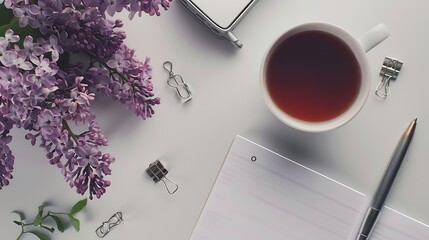 Aufkleber - notepad and pen paper clips and clips with a layout of the place to copy Home office desktop with top view decorated with lilac flowers a cup of tea : Generative AI