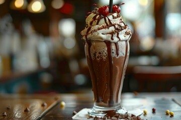 Sticker - Luscious chocolate milkshake topped with whipped cream, cherries, and drizzled syrup in a tall glass