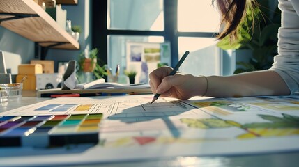 Fototapete - Interior designer working on color hand drawings of interior at work place Photo of young designers work concept : Generative AI