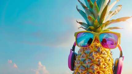 Summer party Pineapple wearing sunglasses and listen to music on beach and blue sky background Tropical fashion Summer Fashion on holiday concept : Generative AI