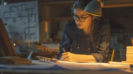 Aufkleber - Young female architect and designer working on blueprint project of new apartments Photo concept of work on technical drawings : Generative AI