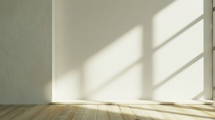 Aufkleber - Aesthetic geometric sunlight shadows on a white textured wall and beige wooden floor empty template for home room interior product background for branding design showcase copy space : Generative AI