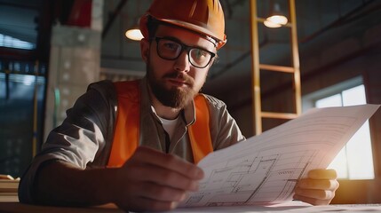 Aufkleber - Portrait of an architect builder studying layout plan of the rooms serious civil engineer working with documents on construction site building and home renovation professional foreman  : Generative AI