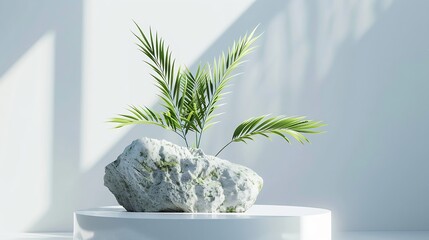 Poster - nature stone podium plant on white background for productstylish showcase mock up for exhibition presentation of goods Exhibition display podium : Generative AI