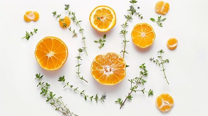 Wall Mural - Orange citrus fruit and thyme creative layout isolated on white background Healthy eating and food concept Fruits and herbs composition Flat lay top view : Generative AI