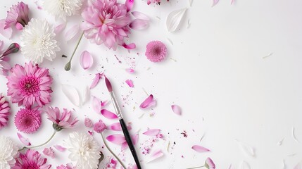 Wall Mural - Flowers composition Creative layout made of pink and white flowers and paint brush on white background Flat lay top view copy space : Generative AI