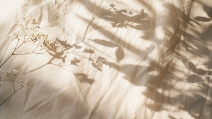 Aufkleber - Aesthetic natural minimalistic background elegant sunlight floral shadows on a neutral beige linen texture pleated tablecloth background with copy space : Generative AI