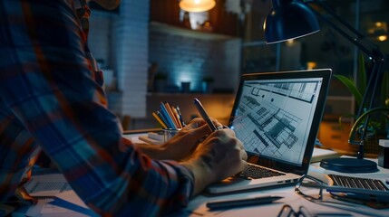 Aufkleber - Engineer and architect working together brainstorming and designing blueprint using laptop working with architectural software for precise digital interior or structure design Insight : Generative AI