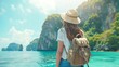 © Generative AI - Asian woman with backpack travel at tropical island and resting on mountain peak in summer sunny day Attractive girl enjoy outdoor lifestyle looking beautiful ocean nature on beach hol : Generative AI