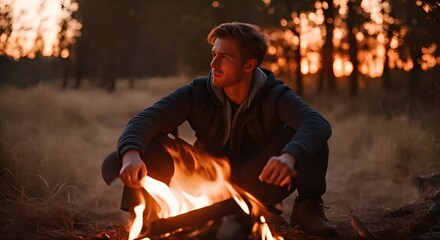 Wall Mural - Man with a bonfire in the forest.