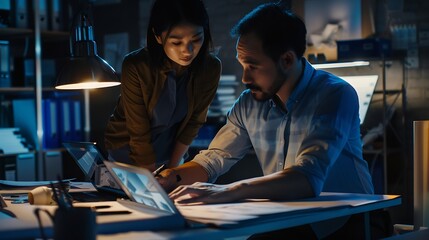 Aufkleber - Engineer and architect working together brainstorming and designing blueprint using laptop working with architectural software for precise digital interior or structure design Insight : Generative AI