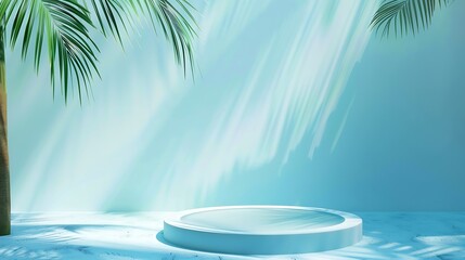 Poster - Summer BackgroundPure Water Surface Texture on Blue Wall Studio with Light Shadow Palm LeavesBackdrop Podium Display and water floating sun reflectionConcept Spring cosmetic or Spa Pro : Generative AI