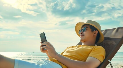 Wall Mural - Asian man lying on beach chair using smartphone chatting or online shopping during travel at the beach on summer holiday vacation People enjoy outdoor lifestyle with gadget device and  : Generative AI