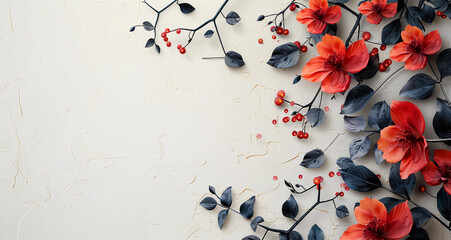 Wall Mural - Wallpaper of red  flowers on a white background with copy space for text