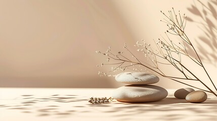 Leinwandbilder - Abstract nature scene with composition of stones and dry branch Neutral beige background for cosmetic beauty product branding identity and packaging Natural pastel colors Copy space fr : Generative AI