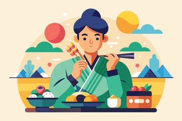 Wall Mural - A man using chopsticks to eat sushi in a casual setting, Eating sushi Customizable Semi Flat Illustration