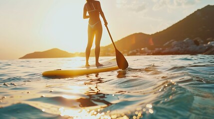 Wall Mural - Young beautiful woman relaxing in the sea on a SUP board The girl sunbathes on the beach of the island on vacation : Generative AI