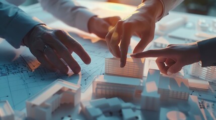 Aufkleber - Creative people hands and real estate with 3d model of building design architecture or property at office Closeup of group architect team in meeting project planning or floor layout at : Generative AI