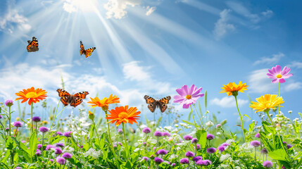 Wall Mural - A Summer's Dream: Meadow with blooming flowers, butterfly, and blue sky. Floral banner. Copy space.