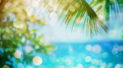 Poster - Blurred blue sky and sea with bokeh light and leaves of coconut palm tree Landscape of tropical summer Summer vacation concept : Generative AI