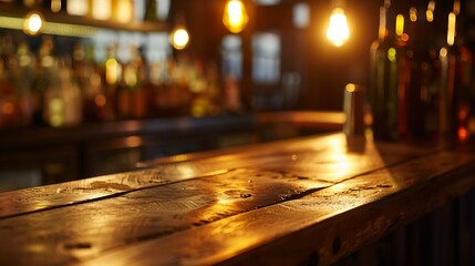 Poster - Empty wooden bar counter with defocused background and bottles of restaurant bar or cafeteria background for your product display : Generative AI