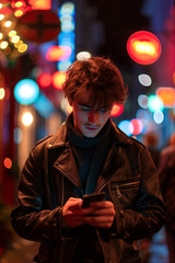 Caucasian man using mobile phone at night on city street.