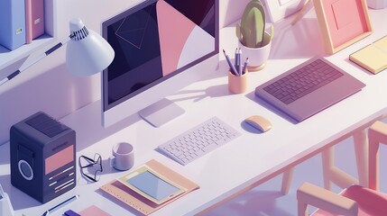 Wall Mural - isometric web design studio desk with computer display laptop and concept page layout : generative a