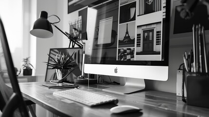 Poster - Flat black and white web design studio page layout on modern computer display with flying page layout modules concept : Generative AI