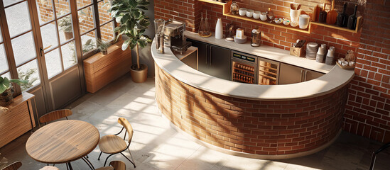 Wall Mural - small modern concept cafe coffee shop with red brick round bar 