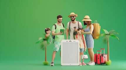 Aufkleber - Departure Happy family going to summer vacation trip using 3d model of digital device with empty white screen isolated on green background New app holiday travel ad concept : Generative AI