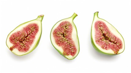 Poster - Fig green Three pieces of figs halves and a quarter Greenred fruits isolated on white background : Generative AI