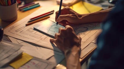 Fototapete - Designer develop a mobile application usability and drawing its framework on a paper : Generative AI