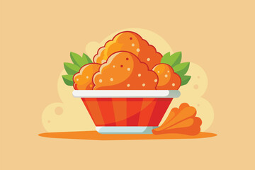 Sticker - A bowl filled with numerous oranges sits on top of a table, Fried chicken Customizable Semi Flat Illustration