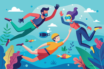 Canvas Print - A couple of friends diving into the clear blue ocean on a sunny day, Friends diving Customizable Semi Flat Illustration