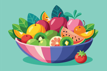 Wall Mural - A bowl containing a diverse assortment of ripe fruits, including apples, oranges, bananas, grapes, strawberries, and more, Fruit salad Customizable Flat Illustration