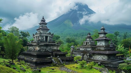 Wall Mural - The majestic Mount Merapi in Indonesia with its active volcanic landscape providing a stunning backdrop for the ancient temples nearby highlighting th