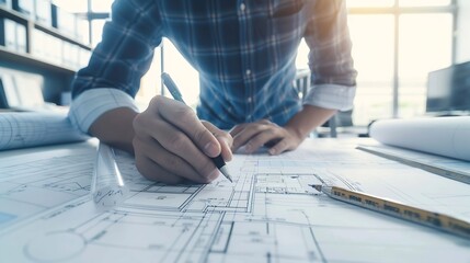 Fototapete - architect drawing on a blueprint on architectural project at the construction site at office desk in the officeArchitectural and engineering concept : Generative AI