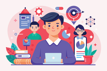 Wall Mural - A man sitting in front of a laptop, focused on his work, Gen z Customizable Semi Flat Illustration