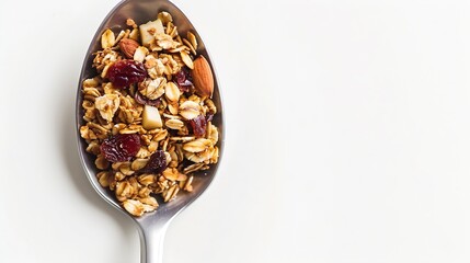 Wall Mural - Granola on spoon isolated on white background copy space Healthy snack or breakfast concept  homemade granola with grains and nuts : Generative AI