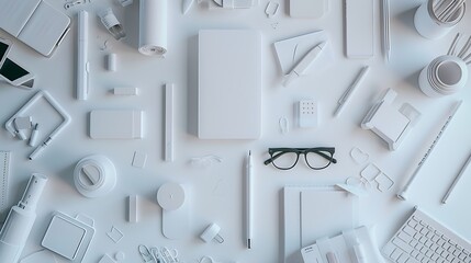 Leinwandbilder - White office desk table with a lot of things on it Top view with copy space : Generative AI