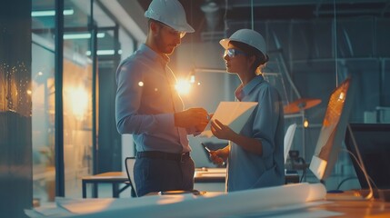 Aufkleber - Engineers discuss a blueprint while checking information on a tablet computer in a office : Generative AI