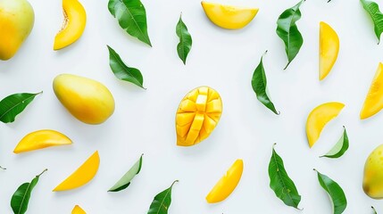 Wall Mural - Creative layout made of mango and leaves Flat lay Food concept Mango on white background : Generative AI