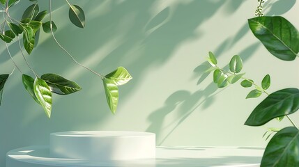 Poster - Abstract empty white podium with green leaves on green background Mock up stand for product presentation 3D Render Minimal concept Advertising template : Generative AI
