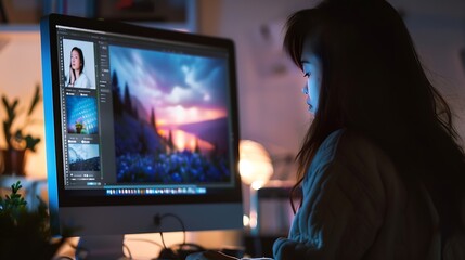 Fototapete - Woman viewing photography portfolio website on computer screen : Generative AI