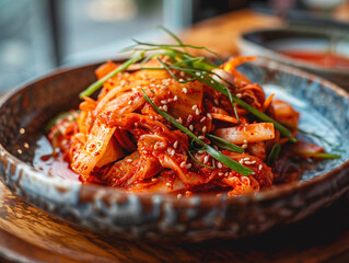 Wall Mural - Korean kimchi in a plate. Served on a wooden table. 