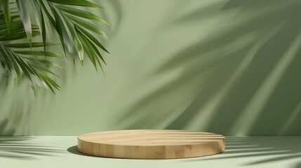 Poster - Cosmetics product advertising stand Exhibition wooden podium on green background with palm leaves and shadows Empty pedestal to display product packaging Mockup : Generative AI
