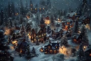 Poster - Miniature snowy village lit by warm lights during a magical winter evening