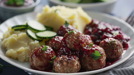 Wall Mural - Traditional swedish meatballs glazed with lingonberry sauce, served with creamy mashed potatoes and fresh cucumber salad on a dining table