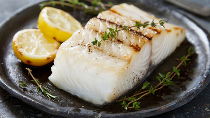 grilled cod fish steak with thyme and lemon on a dark plate, ready to be served